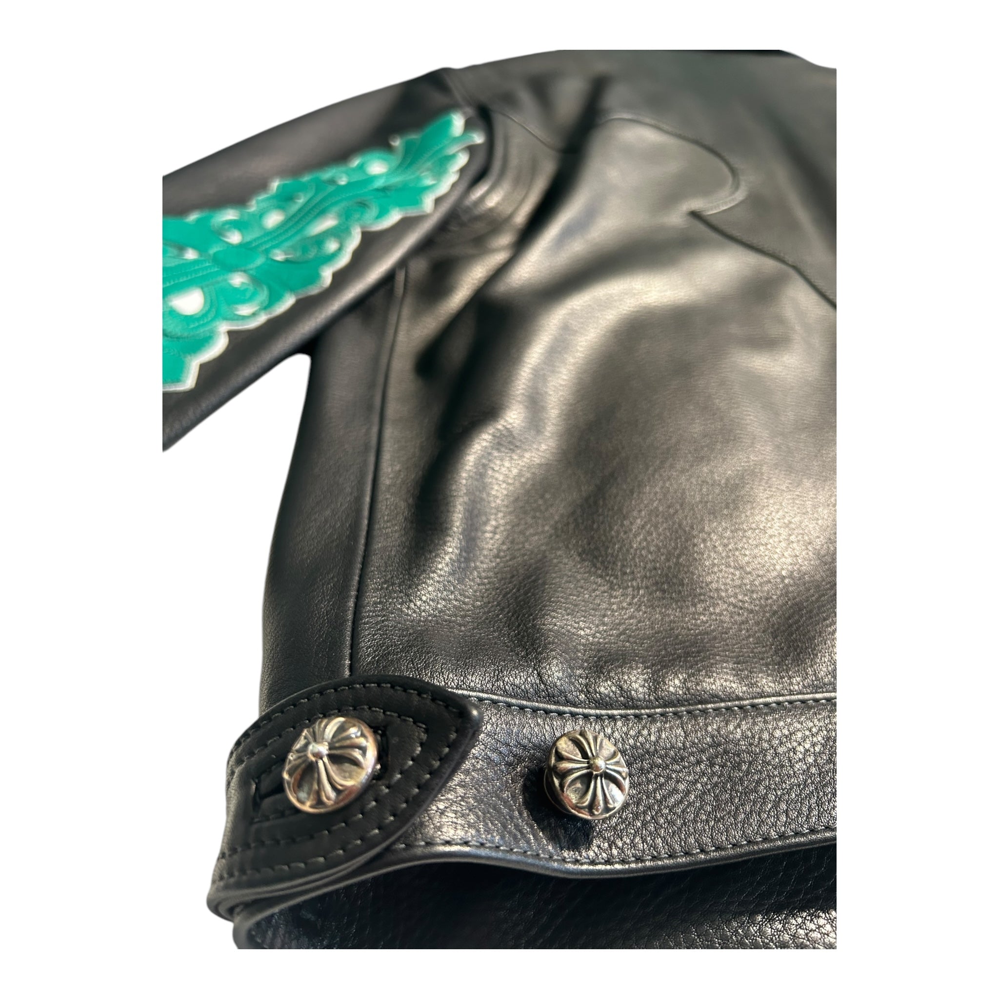 Chrome Hearts Leather Jacket Green Cross Patch