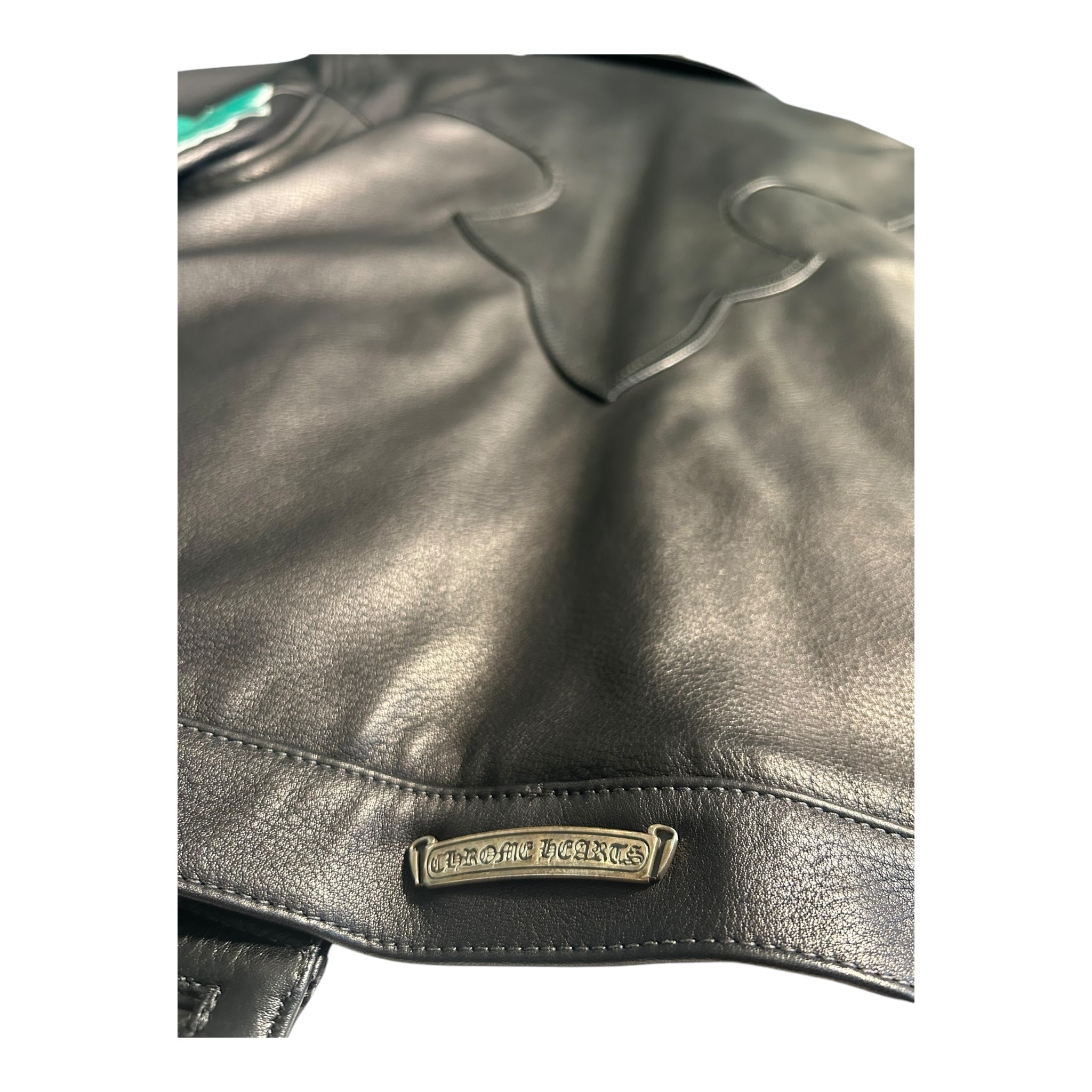 Chrome Hearts Leather Jacket Green Cross Patch