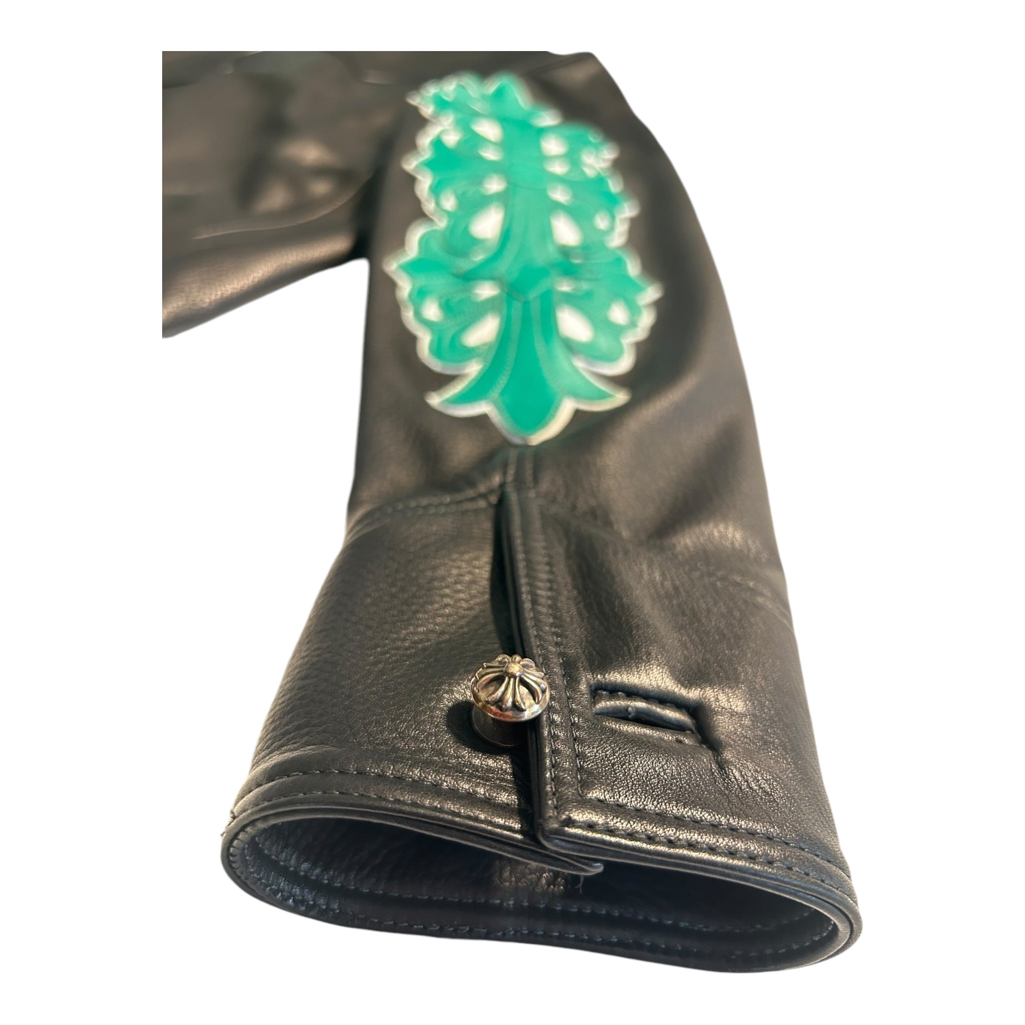Chrome Hearts Leather Jacket Green Cross Patch