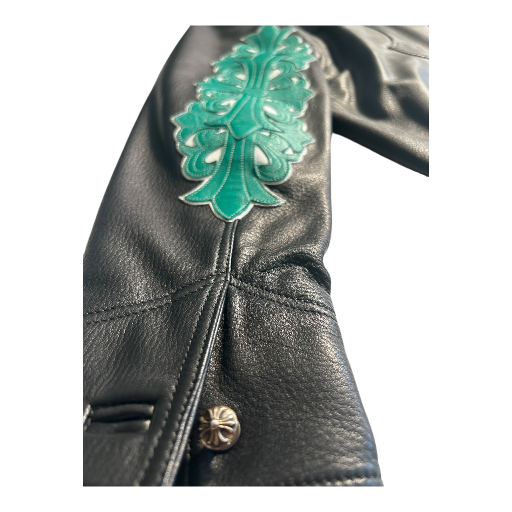 Chrome Hearts Leather Jacket Green Cross Patch