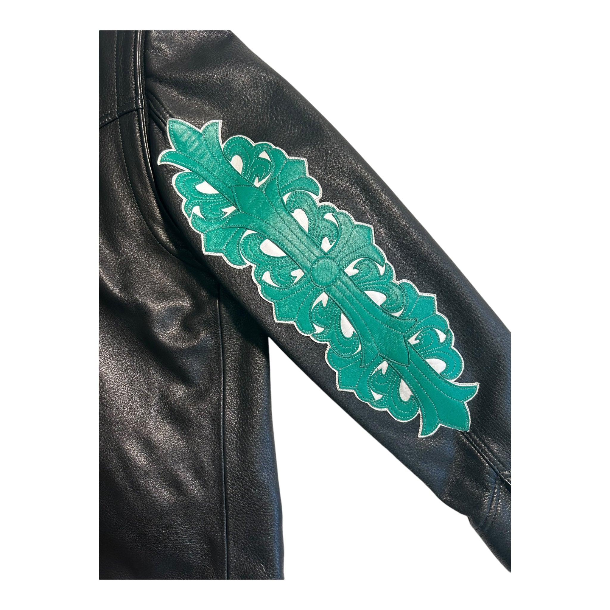 Chrome Hearts Leather Jacket Green Cross Patch