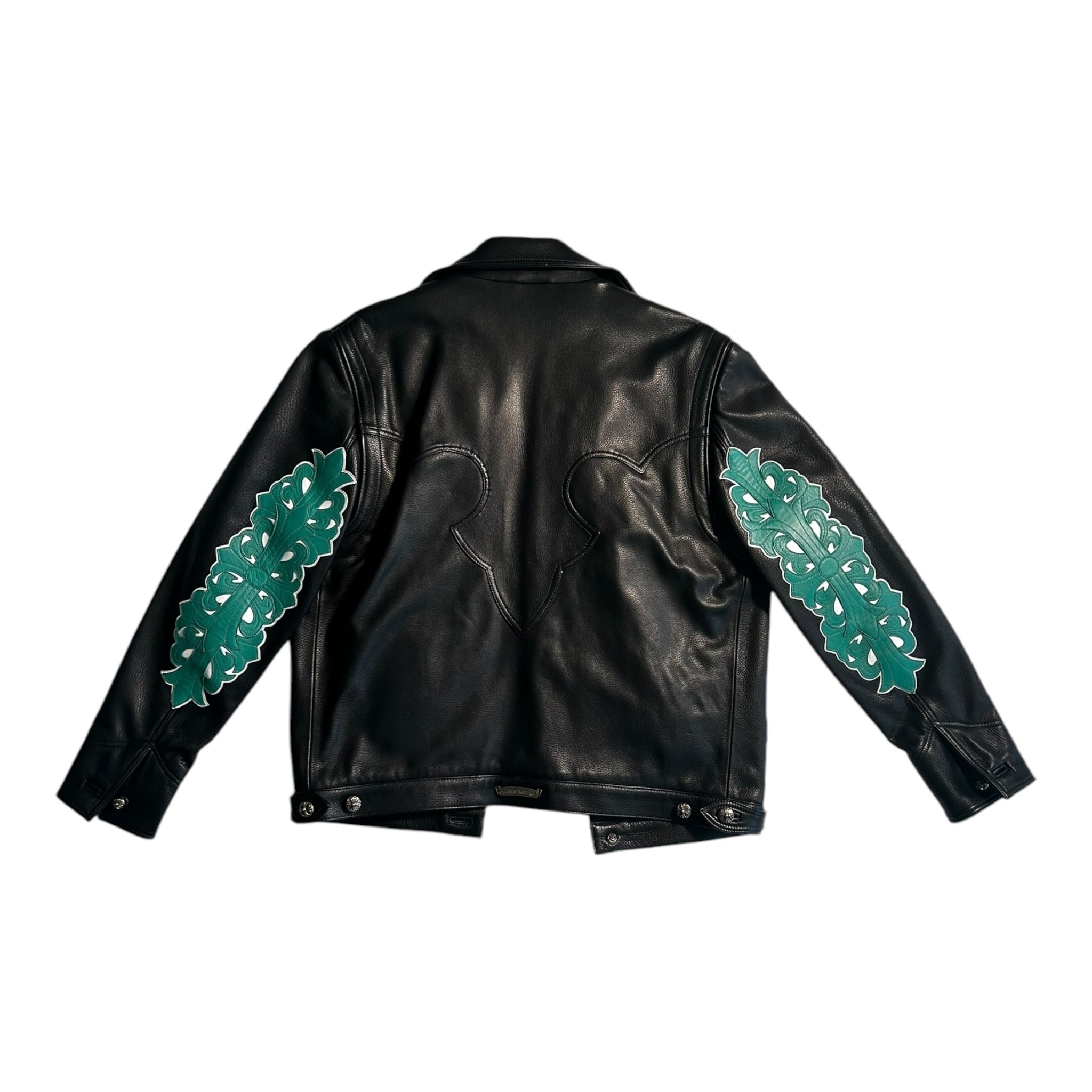 Chrome Hearts Leather Jacket Green Cross Patch