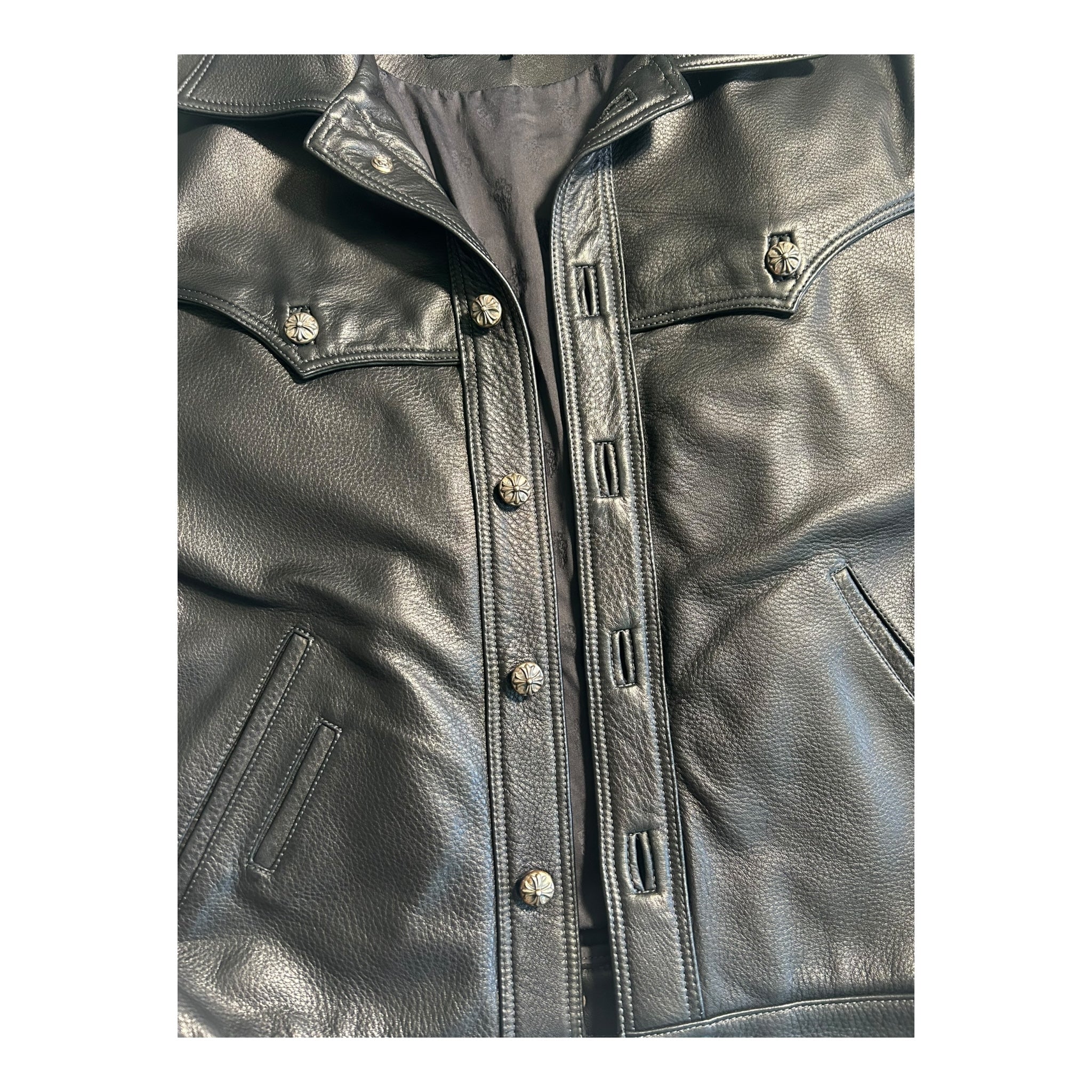 Chrome Hearts Leather Jacket Green Cross Patch